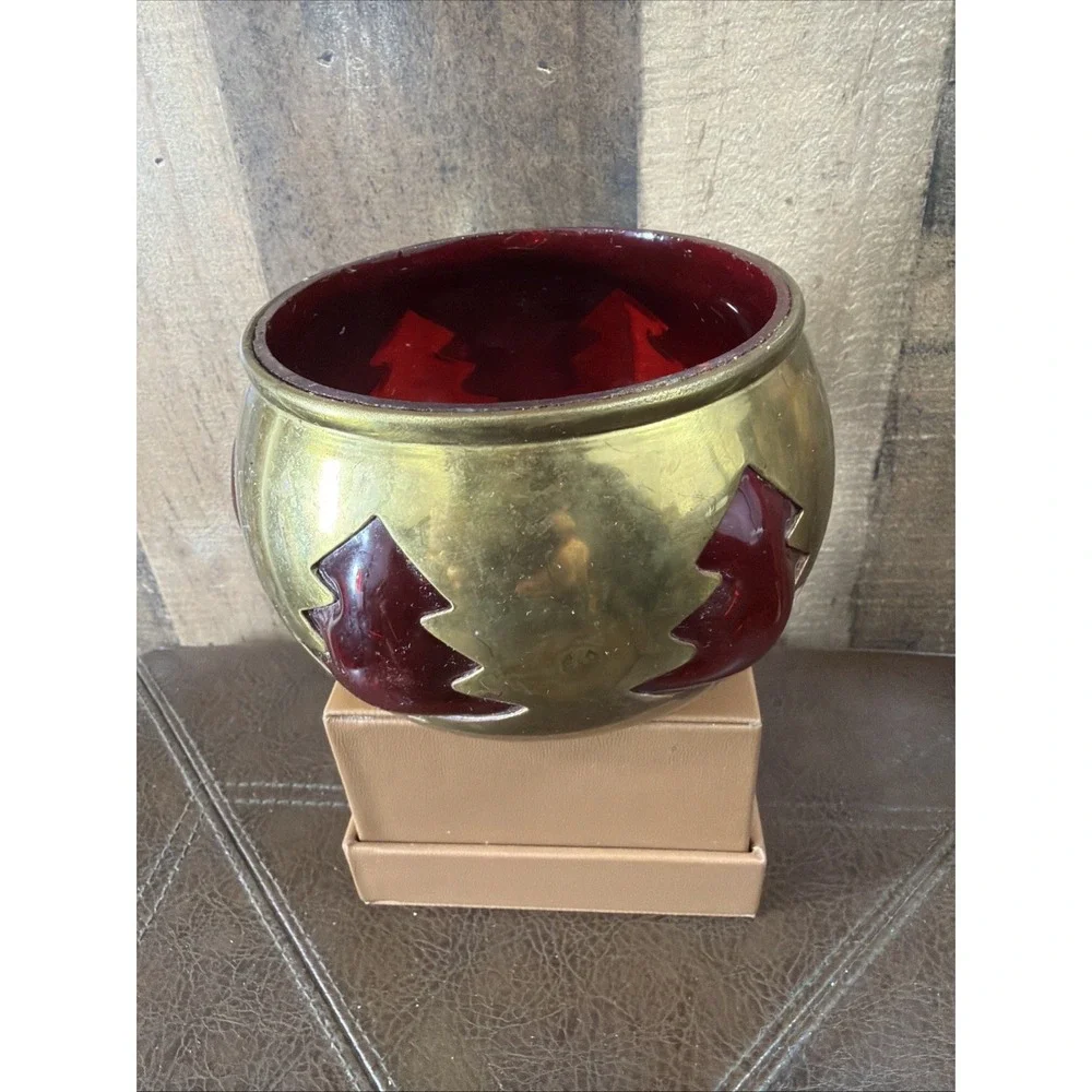 Vintage‎ Brass Ruby Red Glass Christmas Tree Votive Candle Holder Bowl 5.5